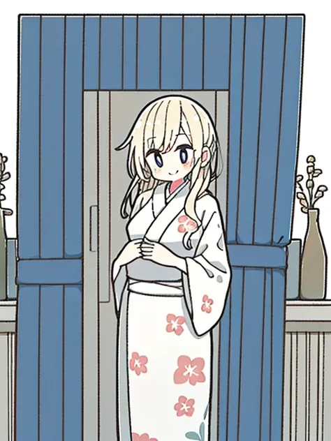 masterpiece:1.3, best quality:1.3, highly detailed, 8k raw, simple_background:1.3, white_background:1.3, female_solo, standing, medium breasts, cowboy_shot, pink floral kimono, closed eyes, look happy, light blonde hair, long straight_hair, cozy