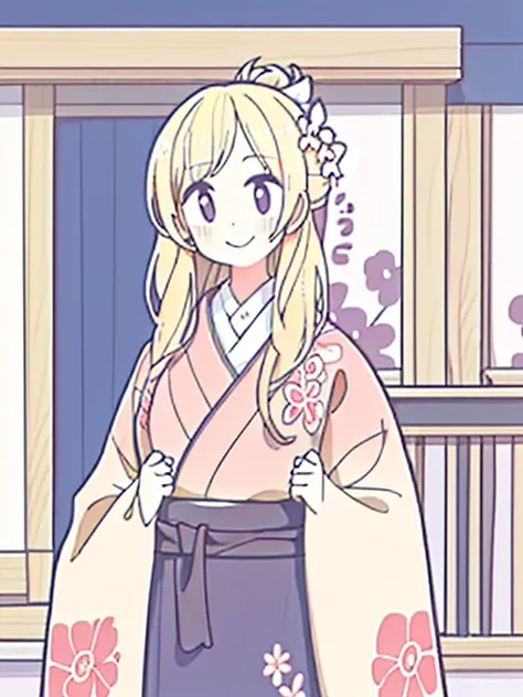 masterpiece:1.3, best quality:1.3, highly detailed, 8k raw, simple_background:1.3, white_background:1.3, female_solo, standing, medium breasts, cowboy_shot, pink floral kimono, closed eyes, look happy, light blonde hair, long straight_hair, cozy