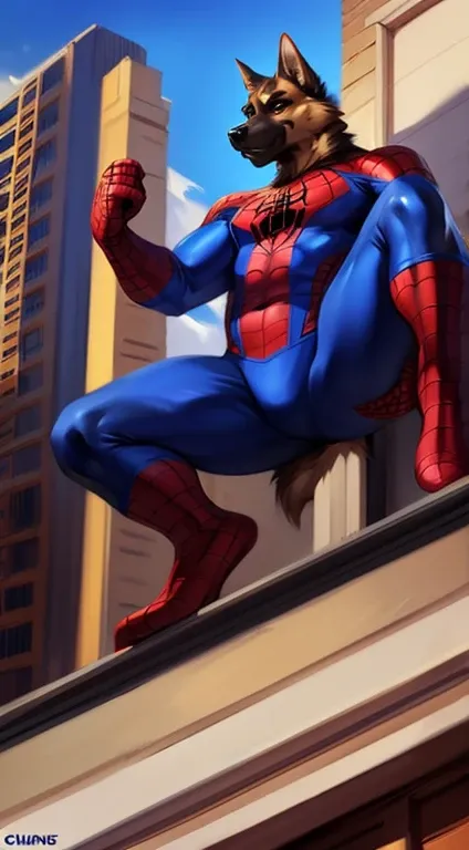 solo, german shepherd, overweight, wearing red and blue spiderman, spiderman spandex costume, classic spiderman suit print, unmasked, no masked, full body view, frontal shot, at top of building rooftop, by darkgem by chunie by juiceps