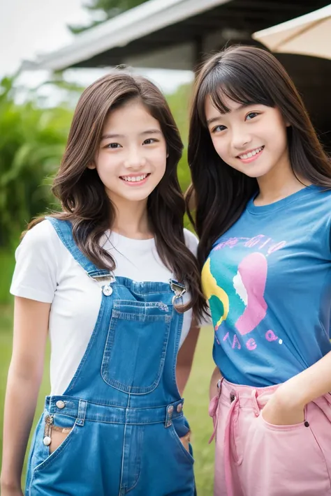 Two beautiful girls、(Beautiful girl wearing overalls、15yo student、Spinning、A delightful、)(tshirts、Beautiful girl wearing cargo pants、14years、Spinning、A delightful)、