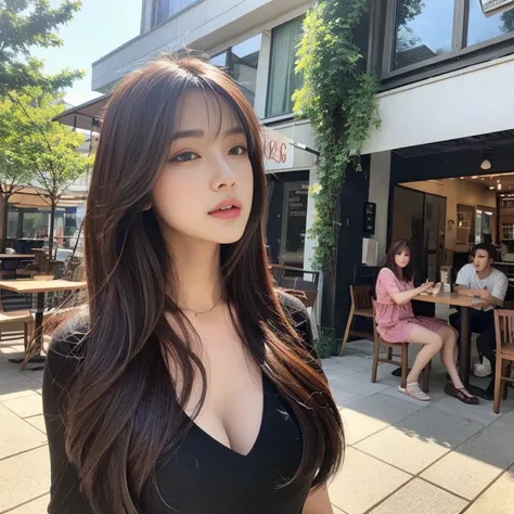 Realistic lighting, Best quality, 8K, Masterpiece: 1.3)), Clear focus: 1.2, 1girl, Perfect beauty: 1.4, Big breasts: 1.2, Slim abs: 1.1, ((dark brown hair)), (daytime clothes), (outside), daytime: 1.1), coffee shop, Super fine face, fine eyes, Double eyeli...