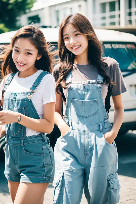 Two beautiful girls、(Beautiful girl wearing overalls、17 age、Spinning、A delightful、)(tshirts、Beautiful girl wearing cargo pants、17 age、Spinning、A delightful)、