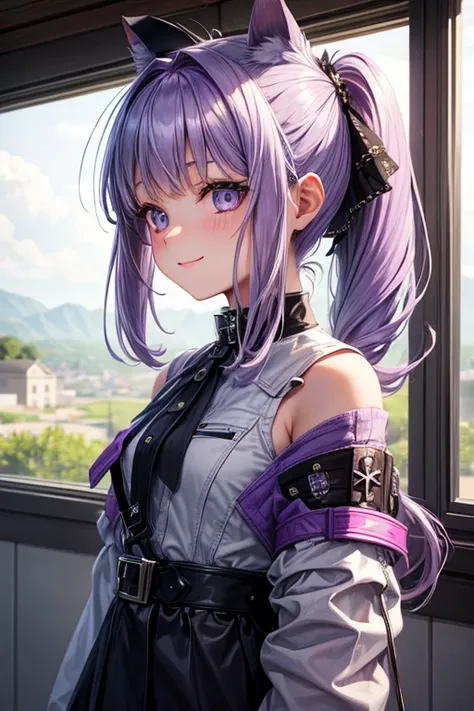 hightquality,​masterpiece,girl with,lavender color hair,Lavender eyes,Spacecraft Maneuvering,SF,Solitude,ssmile,Philosophical,poneyTail,near future,punk fashion,年轻,gentle