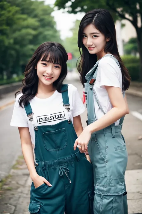 Two beautiful girls、(Beautiful girl wearing overalls、17 age、A dark-haired、Spinning、A delightful、)(tshirts、Beautiful girl wearing cargo pants、17 age、Spinning、A delightful)、