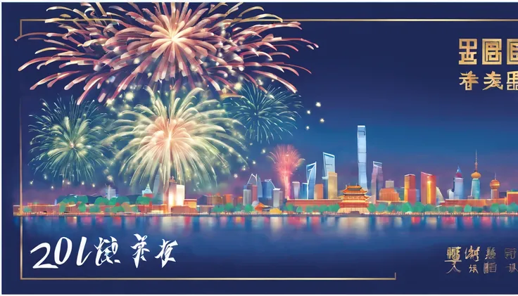 Postal postcard，There is Beijing on the front(2024)Pictures of grand fireworks display to celebrate New Year。Typographic wireframe logo with stamp place and recipient、Name format