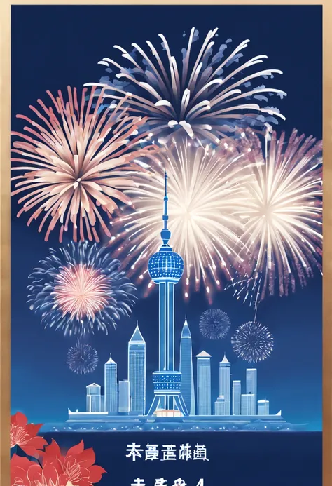 Postal postcard，There is China on the front(2024)Pictures of grand fireworks display to celebrate New Year。Typographic wireframe logo with stamp place and recipient、Name format