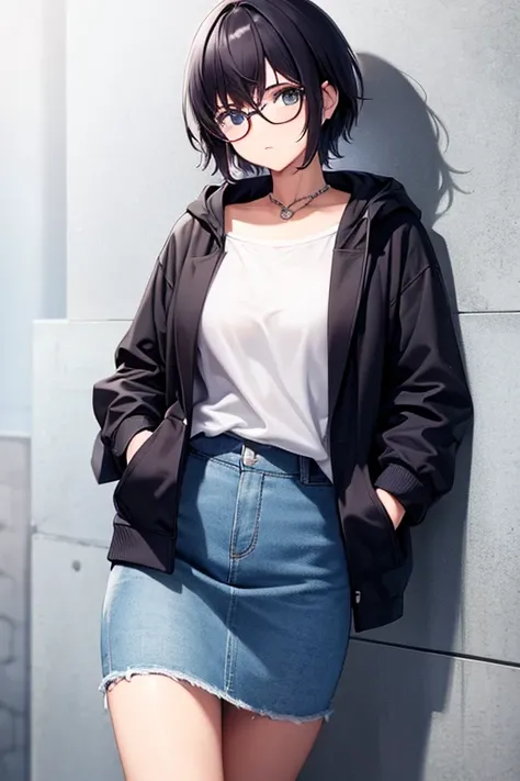 Cool girl, short hair, wear hoodie, lean against the wall, wear glasses