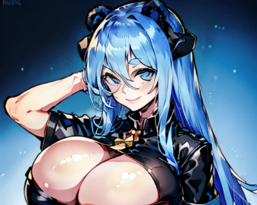 Fedina, bear ears, black shirt, smile, blue eyes, dark blue eyeliner, gigantic boobs