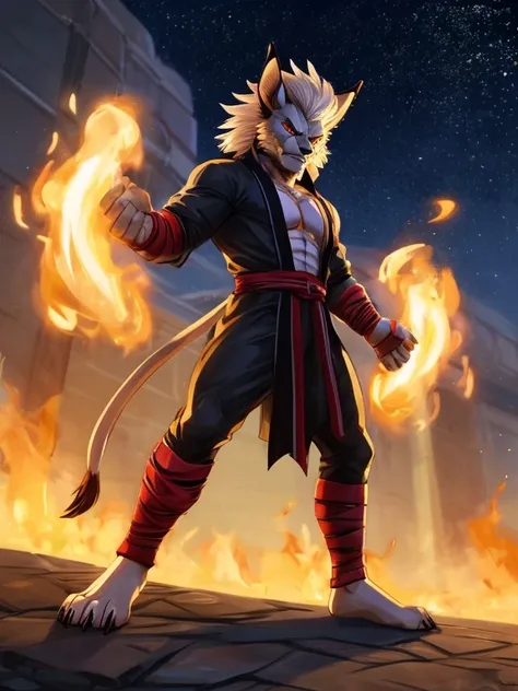 Barefoot Leomon stands tall suited as ninja in a black kimono, performs a powerful kick. The detailed rendering of his bare feet, complete with sharp claws and orange fur, adds to the intensity of the image. The full figure of the ninja is depicted in a dy...