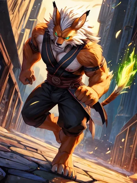 Barefoot Leomon stands tall suited as ninja in a black kimono, performs a powerful kick. The detailed rendering of his bare feet, complete with sharp claws and orange fur, adds to the intensity of the image. The full figure of the ninja is depicted in a dy...