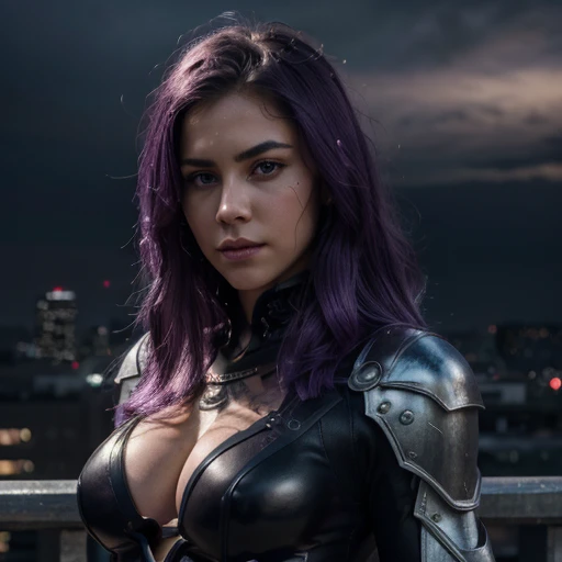 best quality,masterpiece,extremely detailed,high res,4k,ultra high res,detailed shadow,ultra realistic,realistic,dramatic lighting,1girl,solo,detailed face,realistic eyes,realistic skin,metal costume,purple hair,dynamic pose, dark city background