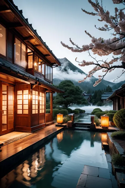 traditional wooden houses, hot springs, cherry blossoms, lanterns, steam, serene atmosphere, peaceful, relaxing, scenic view, traditional attire, tranquil, mountains in the background, calm, natural beauty, mist, flowing water, soothing, cultural experienc...