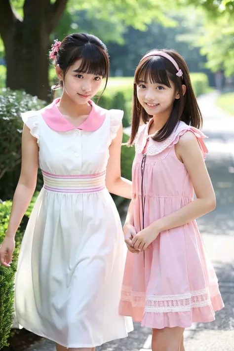 two beautiful japanese girls、(Beautiful girl wearing a white summer dress、15yo student、)、(Beautiful girl wearing a summer dress with a pink collar、14years、)