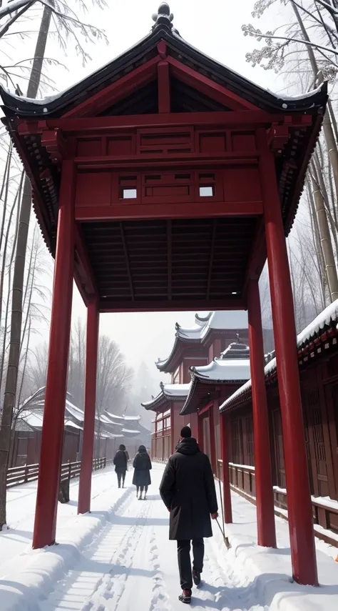 Walking in the snow to find tranquility and appreciate the charm of bamboo，Listening to Zen and nostalgic for the past, enjoying the pine breeze。Today people want to talk about Dream of Red Mansions，There is no king in Huangye Village anymore。