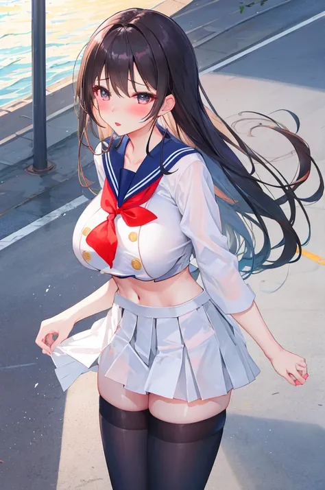 girl, mature female, mature, Beautiful wife，milf, very long hair, (huge-breasted)，blush, lipsticks，a sailor suit，open chest，reveal flat belly，shaved，HighestQuali，超高分辨率