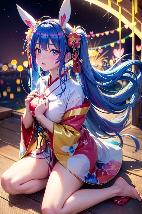 (multicoloured latex kimono girl)、shrine maiden、torii gate、sexypose、very long twintails、Blue hair、((angel wings、Rabbit ears))、(((heart mark)))、(Golden decoration)、((floral decoration))、Blue eyes、Sit up、floating flower petals、((Glitter、Light Trail、Bokeh))