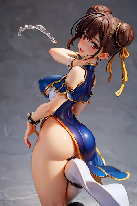 Chun-Li from Street Fighter , ((There are two buns in the hair)) 、（Muscular legs）, white  boots,(((Chinese Neck Leotard))),H Cup Bust、large udder、Big ass、wide pelvic、thick thighs、shiny thin stockings、Soft udder、soft ass、Show me your bust、Show me your genit...