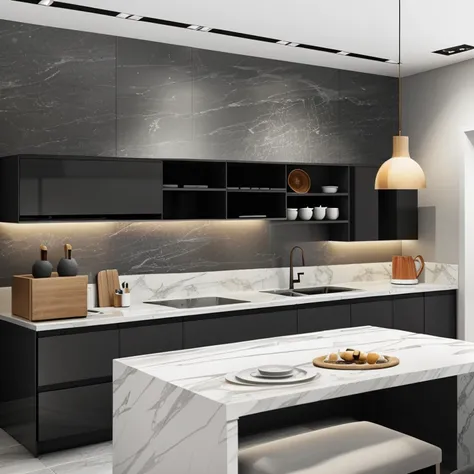 there is a kitchen with a marble island in the middle of the room, detailed archviz render, dark kitchen, cinematic render unreal engine, high quality 3 d render, high quality 3d render, unreal engine realistic render, vray 8k render, enscape render, reali...