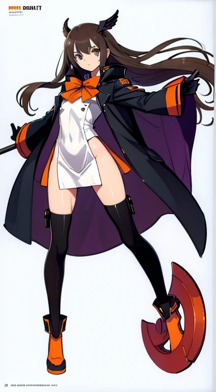 (((Best Quality))) , ((full body)), female, character design, solo, (white background), holding staff, gloves, thigh high, side slit trench skirt, blue, orange, green, violet, brown, white, colorful outfit,