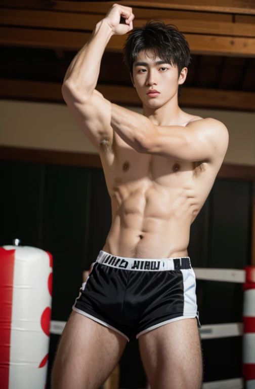 1 handsome Japanese guy，26 year old，Fighters，Kota Miura，Confident and masculine，Ruffian，with short golden hair，Battle damage，Boxing gloves and punching bags，tall，Muscles look good，hairy bodies，Wheat complexion，黑The eye（thin eyes 1：3），fully body photo