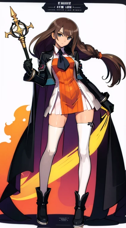 (((Best Quality))) , ((full body)), female, character design, solo, (white background), holding staff, gloves, thigh high, side slit trench skirt, blue, orange, green, violet, brown, white, colorful outfit, vest, bare arms,