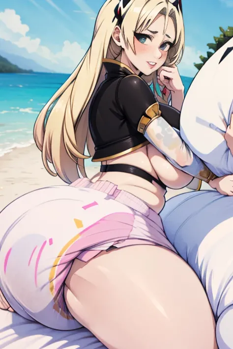 Tsunade Senju, 1 girl, ((bimbo))), long blond hair, puffy lips, painted lips, thick lips, wide hips, thick thighs, huge ass, enormous huge natural breasts, mature mom, white bra, in my bed, enormous bloated overflowing saggy beach ball diaper about to burs...