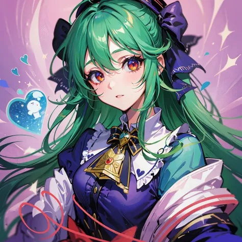 （（（​masterpiece、Top image quality、top-quality）））、（（Illustration of one girl））、（jester）、（（emerald green long straight hair））、（（（Super tall）））、Red eyes、（（（face with white makeup、Blue eyeliner、Makeup with a heart symbol around the left eye）））、（（tuxedo、silk ha...