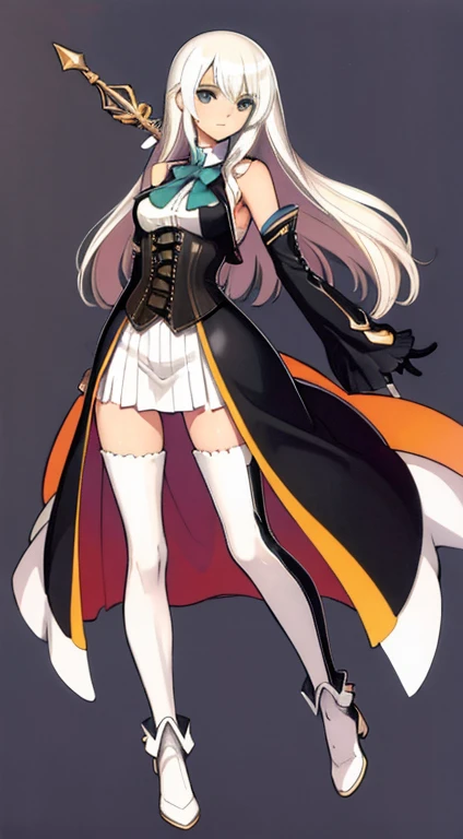 (((Best Quality))) , ((full body)), female, character design, solo, (white background), holding staff, gloves, thigh high, side slit trench skirt, blue, orange, green, violet, brown, white, colorful outfit, vest, bare arms, corset, summer outfit,