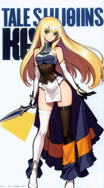 (((Best Quality))) , ((full body)), female, character design, solo, (white background), holding weapon, gloves, waist armor, thigh high, side slit trench skirt, blue, orange, green, violet, brown, white, colorful outfit, vest, bare arms, corset,