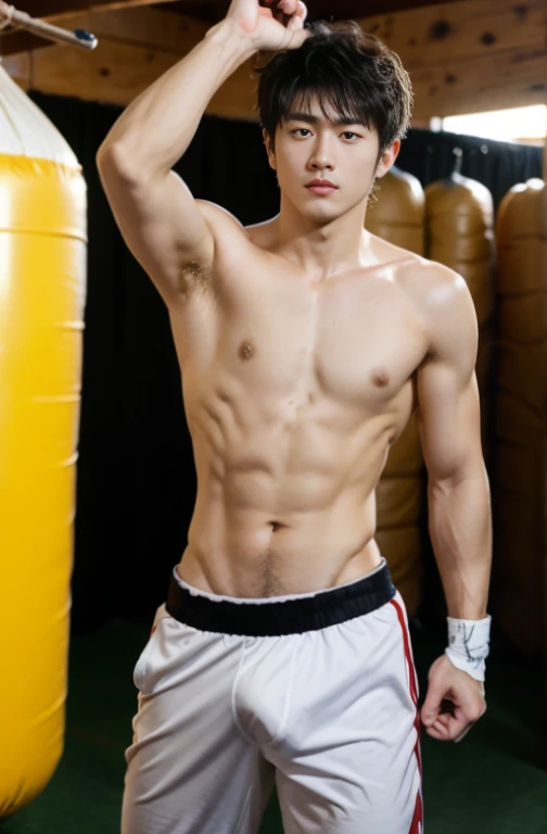 1 handsome Japanese guy，26 year old，Fighters，Kota Miura，Confident and masculine，Ruffian，with short golden hair，Battle damage，Boxing gloves and punching bags，tall，Muscles look good，hairy bodies，Wheat complexion，黑The eye（thin eyes 1：3），fully body photo