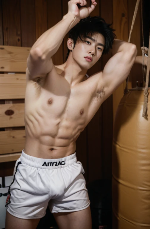 1 handsome Japanese guy，26 year old，Fighters，Kota Miura，Confident and masculine，Ruffian，with short golden hair，Battle damage，Boxing gloves and punching bags，tall，Muscles look good，hairy bodies，Wheat complexion，黑The eye（thin eyes 1：3），fully body photo