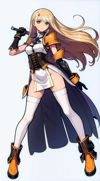 (((Best Quality))) , ((full body)), female, character design, solo, (white background), holding weapon, gloves, waist armor, thigh high, side slit trench skirt, blue, orange, green, violet, brown, white, colorful outfit, vest, bare arms, corset, shoulder a...