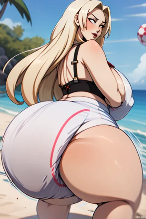 Tsunade Senju, 1 girl, ((bimbo))), long blond hair, puffy lips, painted lips, thick lips, wide hips, thick thighs, huge ass, enormous huge natural breasts, mature mom, white bra, in my bed, enormous bloated overflowing saggy beach ball diaper about to burs...