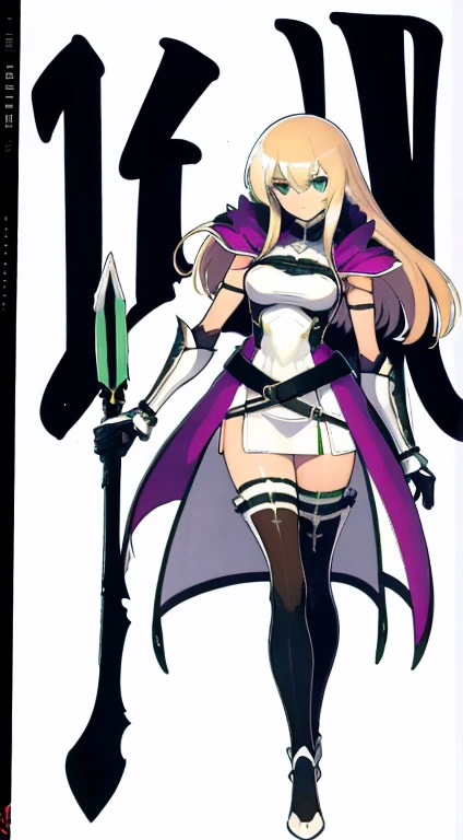 (((Best Quality))) , ((full body)), female, character design, solo, (white background), holding weapon, gloves, waist armor, thigh high, side slit trench skirt, blue, orange, green, violet, brown, white, colorful outfit, vest, bare arms,  shoulder armors,