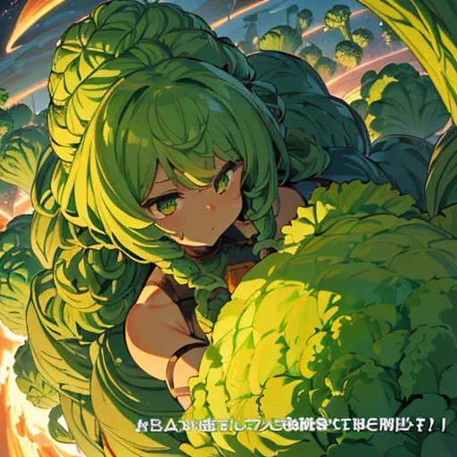 A heavily armored large Afro girl in vegetable cake armor who serves oversized vegetables.、Amazing dynamism、Amazing Angle、unstable anti-gravity sandstorm、((((A lot of friendly vegetables floating closely and chasing each other))))、((surround each other&#39...