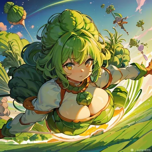 A heavily armored oversized Afro girl in vegetable cake armor who serves an oversized vegetable.、Amazing dynamism、Amazing Angle、unstable anti-gravity sandstorm、((((A lot of friendly vegetables floating closely and chasing each other))))、((surround each oth...