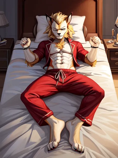 Barefoot hypnotised Leomon is lying on a bed with his arms and legs spread, wearing red pyjamas, handcuffed to the bed by his wrists and ankles, detailed paws with bandages and claws and toe ring, in a trance, a look of weak resistance to hypnosis on his f...