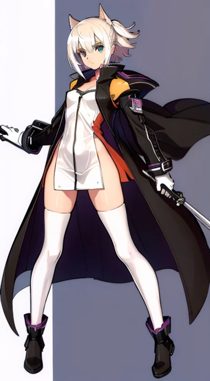 (((Best Quality))) , ((full body)), female, character design, solo, (white background), holding weapon, gloves, waist armor, thigh high, side slit trench skirt, blue, orange, green, violet, brown, white, colorful outfit, vest, bare arms, bareback, short ja...