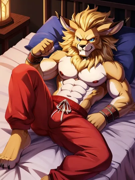 Barefoot hypnotised Leomon is lying on a bed with his arms and legs spread, wearing red pyjamas, handcuffed to the bed by his wrists and ankles, detailed paws with bandages and claws and toe ring, in a trance, a look of weak resistance to hypnosis on his f...