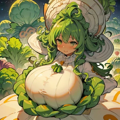 A heavily dressed large Afro girl in a vegetable Caesar salad cake suit serving oversized vegetables、Amazing dynamism、Amazing Angle、unstable anti-gravity sandstorm、((((A lot of friendly vegetables floating closely and chasing each other))))、((surround each...