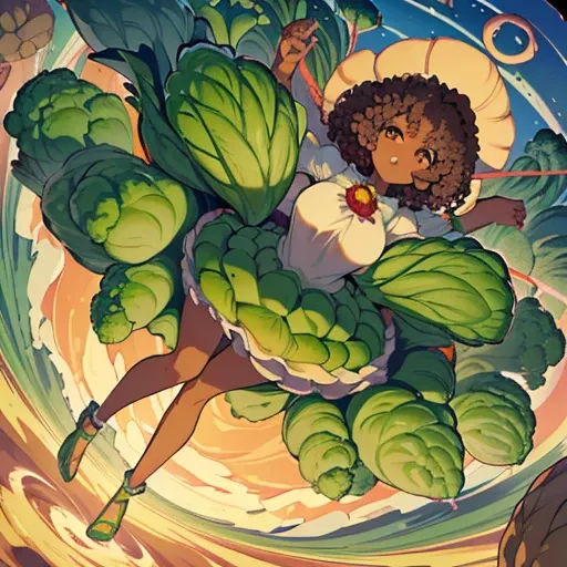 A heavily dressed Afro girl wearing vegetable cake mail serving oversized vegetables.、Amazing dynamism、Amazing Angle、unstable anti-gravity sandstorm、((((A lot of friendly vegetables floating closely and chasing each other))))、((surround each other&#39;larg...