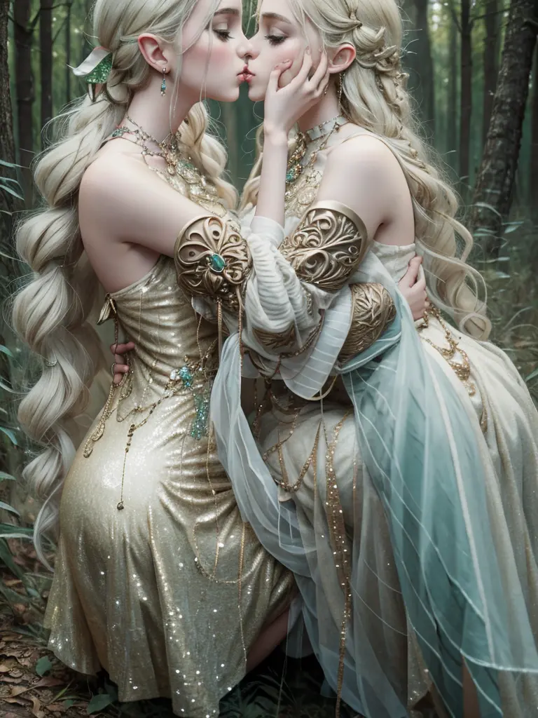 fantasy,1girl,detailed face,full body,elf dress,,forest,sitting
, (2girls, cheek to cheek, kiss:1.2)