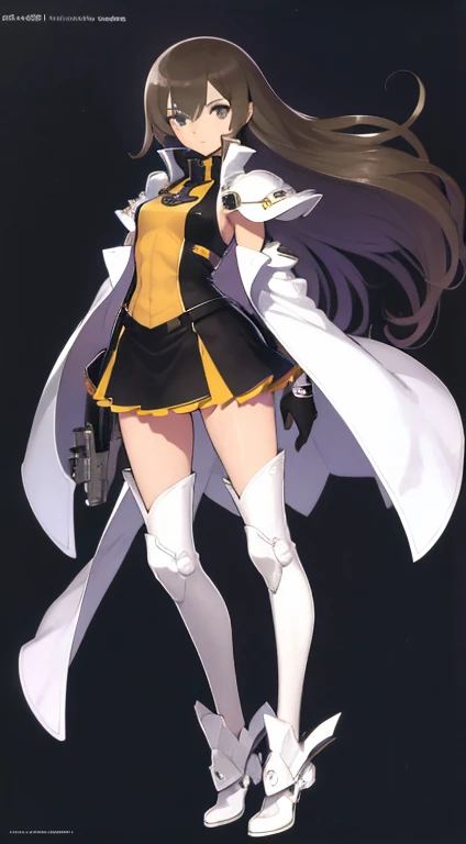 (((Best Quality))) , ((full body)), female, character design, solo, (white background), holding weapon, gloves, waist armor, thigh high, side slit trench skirt, blue, orange, green, violet, brown, white, colorful outfit, vest, bare arms, bareback, tactical...