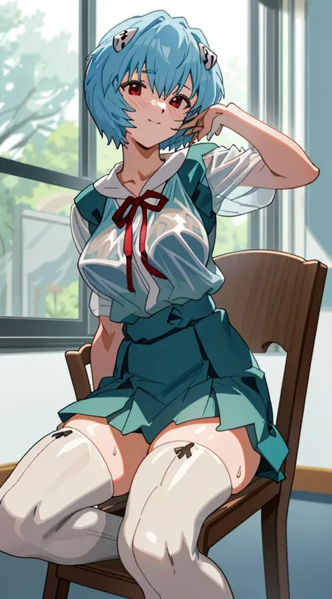 1 rapariga, Ayanami, evangerion, 8K, top-quality, 校服, ‎Classroom, kindly smile, sit a chair, looking outside the window, Dusk light, detaileds、a miniskirt、I-Cup Bust、Big butt、((Generate images that always show the bust))、Beautiful nipples、thick thighs、Ecst...