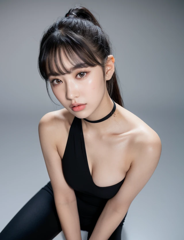 (ultra realistic,32k, masterpiece:1.2),(high detailed skin:1.1),( 8k uhd, dslr, high quality:1.1),
1girl,black hair,bangs andy ponytail,Jumpsuit,Mock Neck Sleeveless Leggings,(red lips:0.8),(mascara:1.1),huge breast,
(looking at viewer, sitting, from above...