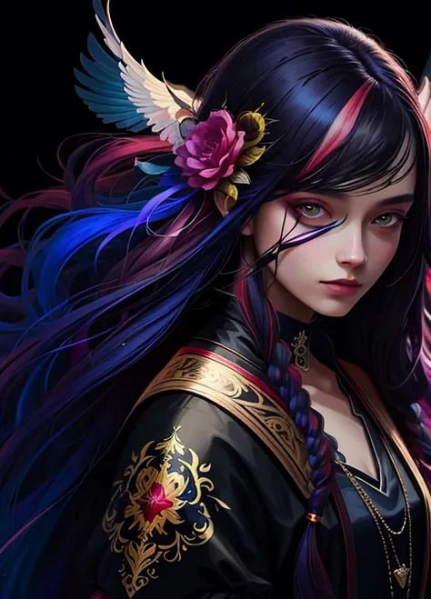 painting of a woman with long hair and colorful hair, wearing black masker,  beautiful gorgeous digital art, beautiful digital art, gorgeous digital art, very beautiful digital art, beautiful digital illustration, beautiful digital artwork, beautiful fanta...