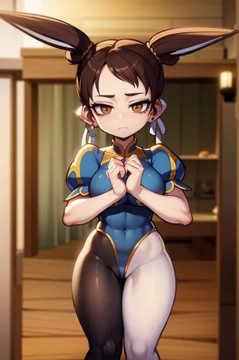 chun li, usando sueter branco apertado, brown tights, num quarto a noite, pose sexy, belos olhos detalhados, olhos detalhados,belas coxas, coxas sexy, brown pantyhose