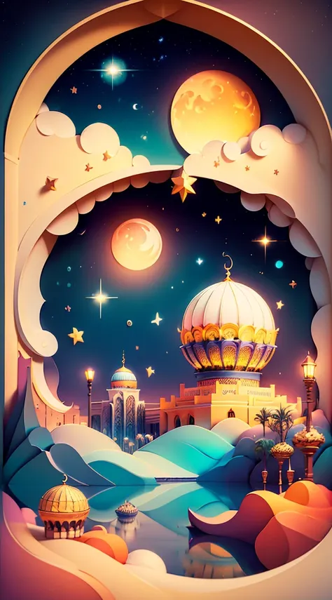 (((masterpiece))),best quality, illustration, Islamic art,  Kaba mosque, saudi arabia, sky, cloud, water, star (symbol), no humans, night, bird, moon, building, star (sky), night sky, scenery, starry sky, watercraft. vibrant color scheme, Soft light,(warm ...