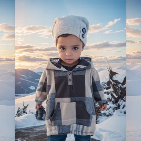 A liitle cute boy wearing winter clothes standing on snow, in snow area, 8k resolution,  ultra hd, ultra realistic imegary