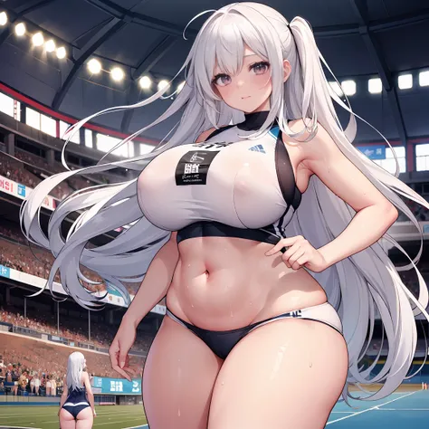 2  girls，Long white hair，Track and field uniformtremely huge，Inside the stadium，sweat profusely，Plump body，Thigh thick